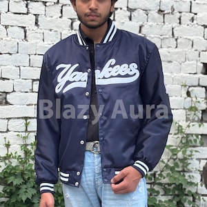 NY Yankees Vintage 90s Athletic Jacket Blue Satin Bomber Style Varsity Jacket