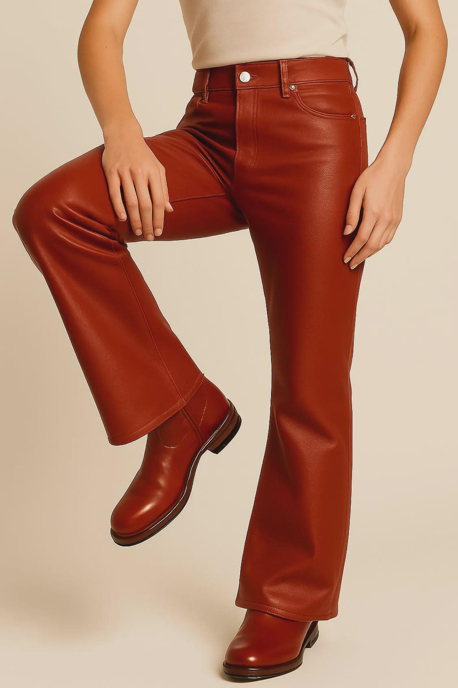 70s vintage leather pants モーターサイクル　フレア Faux Leather Pants for Women Straight Wide Leg Vintage