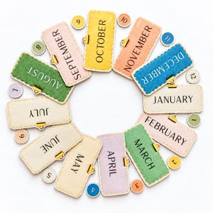 May include: A circular arrangement of twelve rectangular felt tags, each featuring a month name in black text, and twelve small circular felt tokens numbered one through twelve. Each tag has a gold-colored metal clip attached to the top edge.