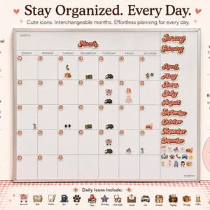 May include: A magnetic wall calendar with a white surface and a silver frame. It features a grid for days of the week, the month of March, and a side column with interchangeable month labels. Includes various small magnetic icons for daily planning.