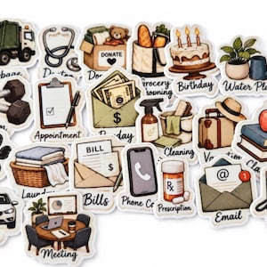 May include: A collection of die-cut stickers featuring various daily life icons with labels including Garbage, Doctor, Donate, Grocery, Birthday, Water Plant, Gym, Appointment, Payday, Cleaning, Vacation, Class, Vet, Laundry, Bills, Phone Call, Prescription, Email, Fuel, Car, and Meeting.