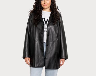 Womens Handmade Vintage Black Sheepskin Leather Blazer Coat 90s Style Fall Spring Jacket