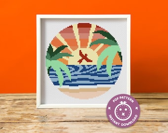 ビーチの夕日のクロスステッチパターン、トロピカルなヤシの刺繍