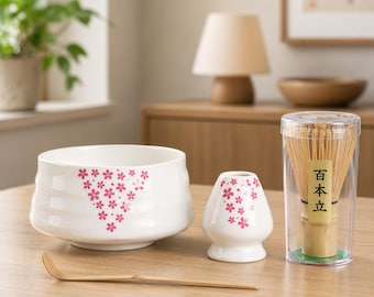 Set da tè Matcha Sakura con ciotola in ceramica e frusta in bambù, set regalo