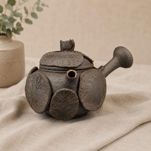 May include: A dark brown, textured ceramic teapot featuring a side handle and a lid adorned with a sculpted bud. The body of the teapot is decorated with multiple circular, leaf-like reliefs that have visible radial vein patterns on their surfaces.