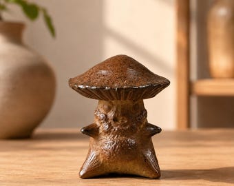 Wood Fired Mushroom Figurine, Handmade Ceramic Sculpture Rustic Home Decor