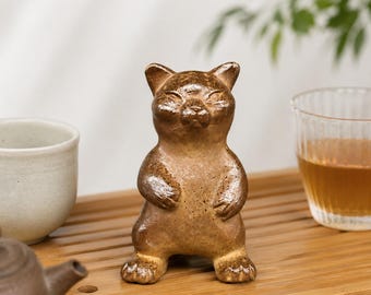 Wood Fired Cat Figurine, Handmade Ceramic Animal Sculpture Rustic Decor