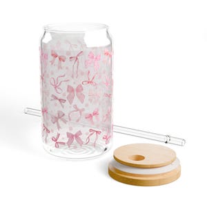 Pink Bow Coquette Aesthetic Glass Tumbler 16 oz | Trendy Pink Design Glass | Soft Girl Aesthetic | Pink Bows Pattern | Pretty Iced Drink Cup