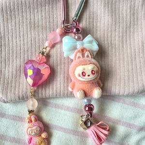 Labubu Keychain Bag Charm | Cute Trendy Monster Beaded Keychain Bow Bag Charm Accessory | Kawaii Popmart Bag Charm Flocked Mini Labubu