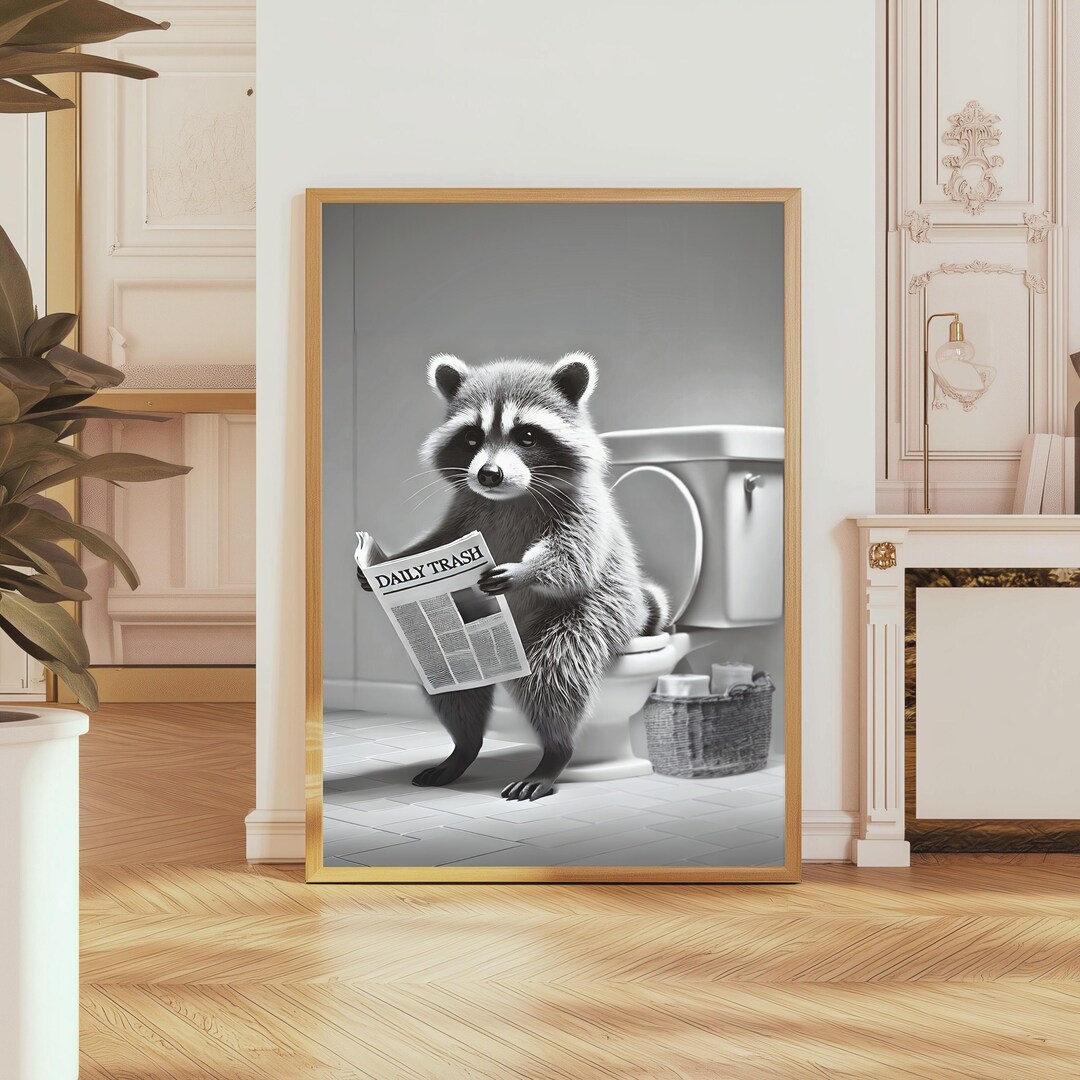 Raccoon Bathroom Printable Art, Racoon on Toilet Reading Newspaper ...