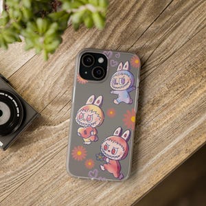 Labubu Monster iPhone Case | Cute Flower Theme Phone Cover | Kawaii Labubu Momster Characters Protective Case for iPhone and Samsung Galaxy