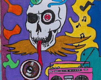 Decoración de pared original, colorida y caprichosa con calaveras y gatitos