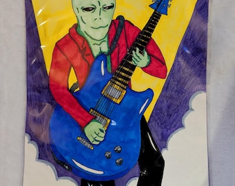 Ilustración original dibujada a mano de un concierto de abducción con música de extraterrestres improvisando con guitarras.