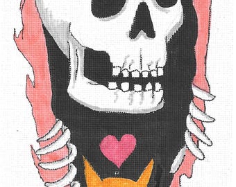 Dark Lustiges Katzen Sensenmann Kunstwerk: Handgezeichnete Acryl-Marker-Kunst (4x10 Leinwand)