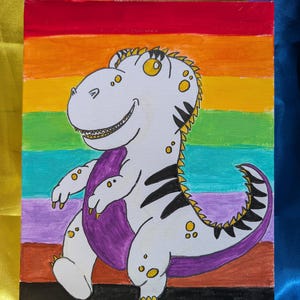 May include: A rectangular canvas painting featuring a white cartoon dinosaur with black stripes and yellow spots. The dinosaur has a purple belly and a long tail. The background consists of horizontal stripes in red, orange, yellow, green, blue, purple, brown, and black.