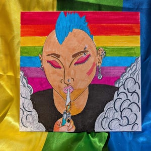 May include: A square canvas painting featuring a person with a blue mohawk, pink eyeshadow, and facial piercings. The person wears a black shirt and holds a lit cigarette with a blue lighter. The background is a horizontal rainbow with gray clouds.