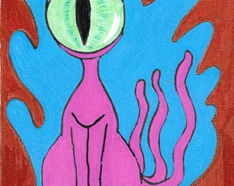 Alien Cat Acrylic Drawing Original Artwork Surreal Pop Art Wall Decor