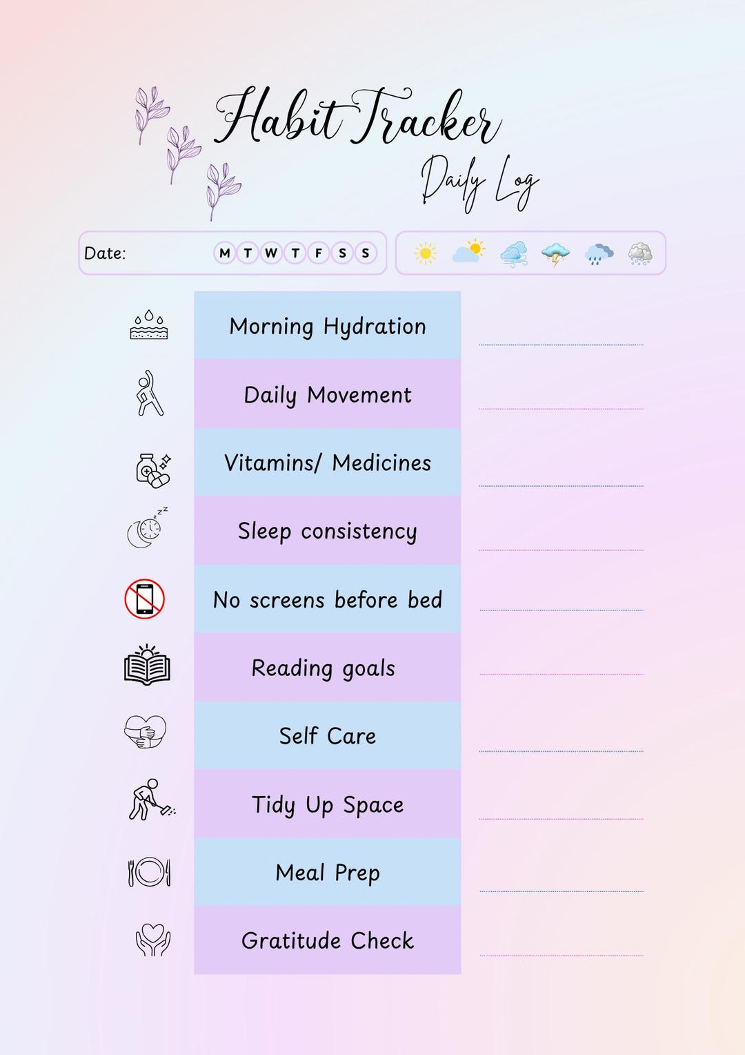 Daily Habit Tracker Printable | Morning Routine, Self Care Log (PDF) - Etsy