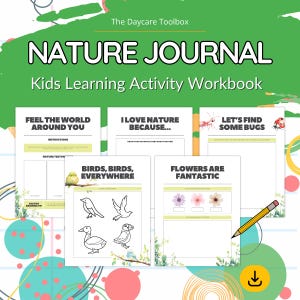 Puede incluir: Un diario de naturaleza imprimible colorido para niños con actividades como dibujar pájaros, identificar flores y encontrar insectos. El diario tiene un fondo verde con el título "Nature Journal" y "Kids Learning Activity Workbook".
