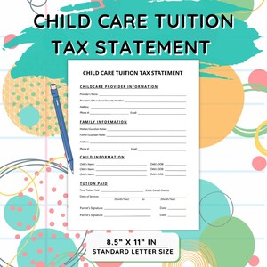 Child Care Tax Form | Printable Daycare Tax Receipt | In-Home Daycare Business Form Tuition Receipt Template | Daycare Tax Receipt Invoice