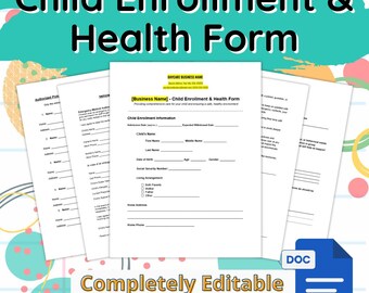 Puede incluir: Un formulario de inscripción y salud para niños imprimible con el título "[Nombre de la empresa] - Formulario de inscripción y salud para niños". El formulario incluye secciones para información del niño, contacto de emergencia y autorización médica. El formulario es completamente editable y gratuito con Google Docs.