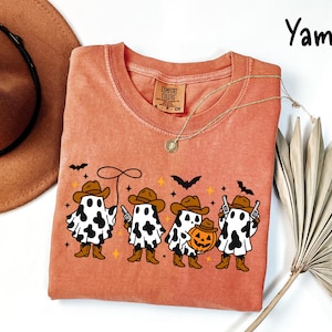 Ghost Cowboy Comfort Colors® Shirt, Western Halloween Cow Print Shirt, Retro Spooky Fall Women T-Shirt, Country Girl Fall Long Sleeve Tee
