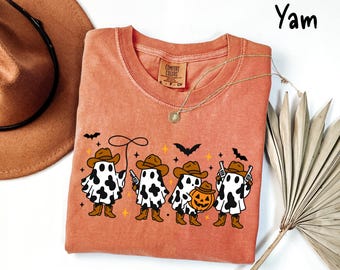 Ghost Cowboy Comfort Colors Shirt: Western Halloween Cow Print Tee