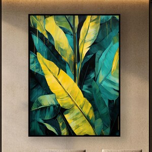 Tropical Leaves Oil Painting: Green, Yellow, Turquoise Abstract Art
