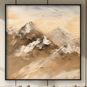 Textured Abstract Oil Painting: Snowy Mountains, Earth Tones