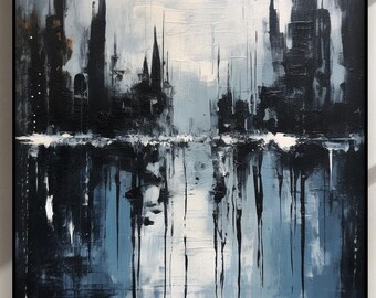 Cool Blue-Grey Tones Of The City Skyline,100% Handmade Oil Painting,Textured Abstract Art, Original Wall,Modern Oil Painting for Living Room