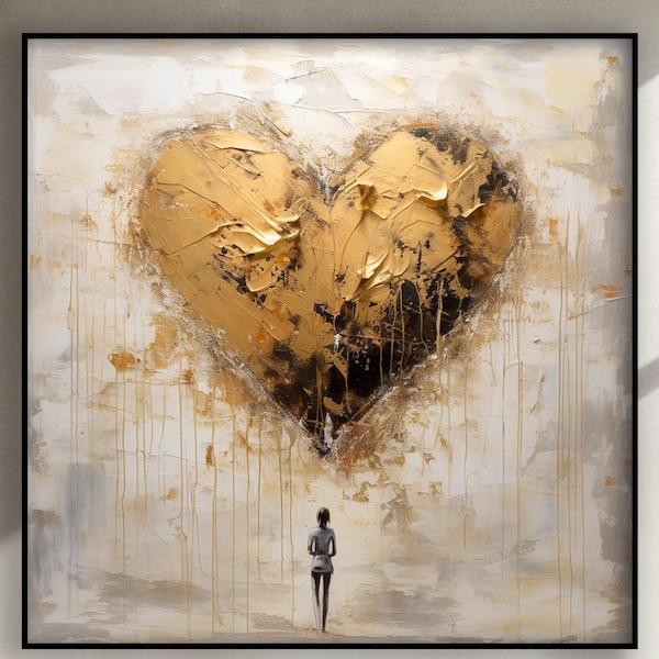 Golden Heart Oil Painting, Textured Abstract Art, Handmade Canvas