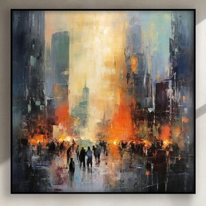 Peinture à l&#39;huile abstraite faite main de paysage urbain, art mural texturé