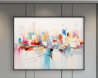 Textured Abstract Colorful Cityscape Skyline Oil Painting, Modern Wall Art