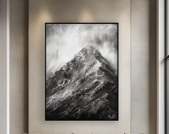 手描きの抽象的な山の油絵：白黒のテクスチャキャンバス - Etsy 日本