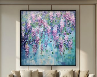 May include: A large square canvas painting featuring an abstract impressionist depiction of cascading wisteria flowers in shades of soft pink, lavender, and deep purple, set against a textured background of blended light blue, teal, and white tones.