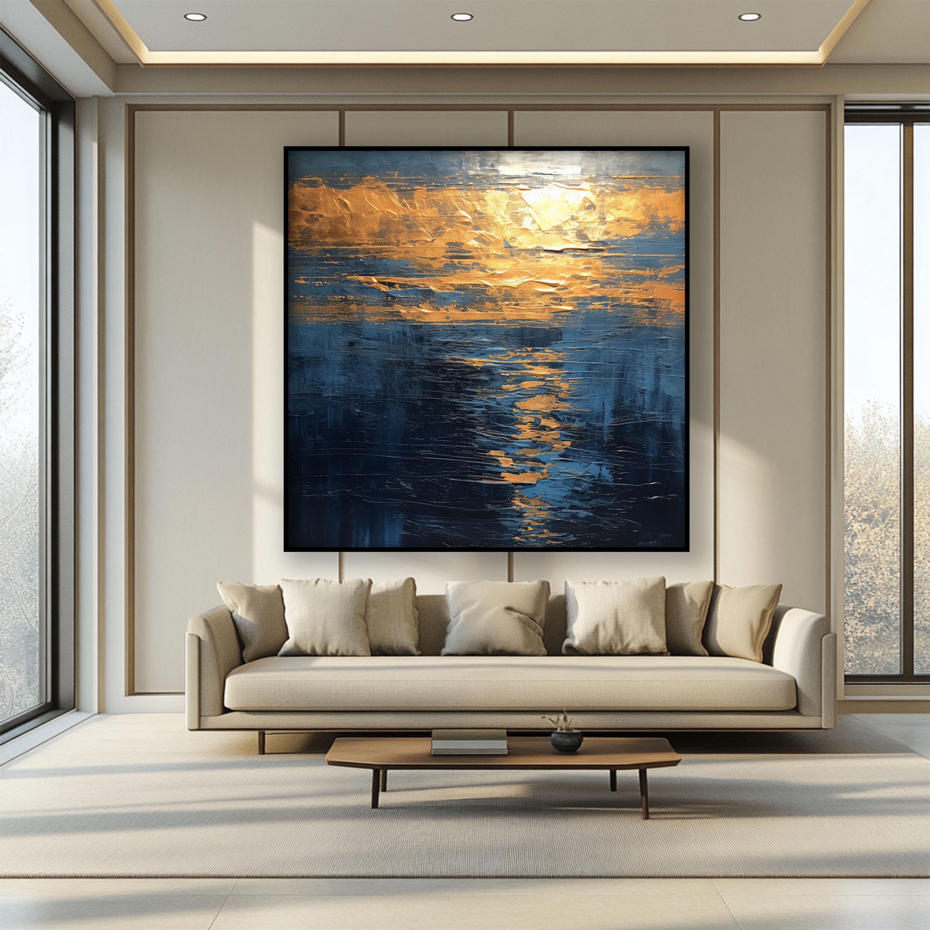 手描きの夕焼け油絵：金と濃い青の抽象的な海景 - Etsy 日本
