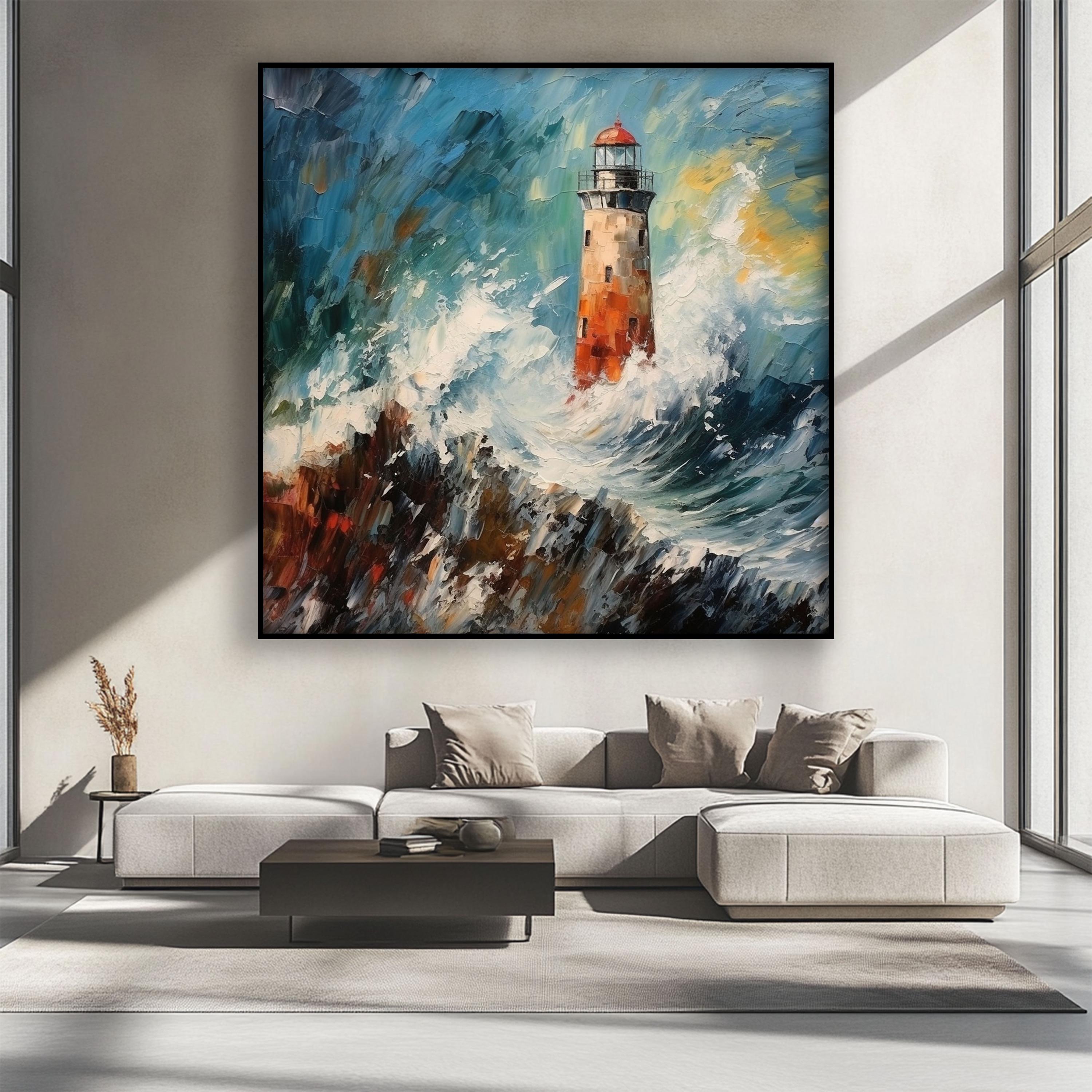 テクスチャのある灯台の油絵：荒々しい波の抽象芸術 - Etsy 日本
