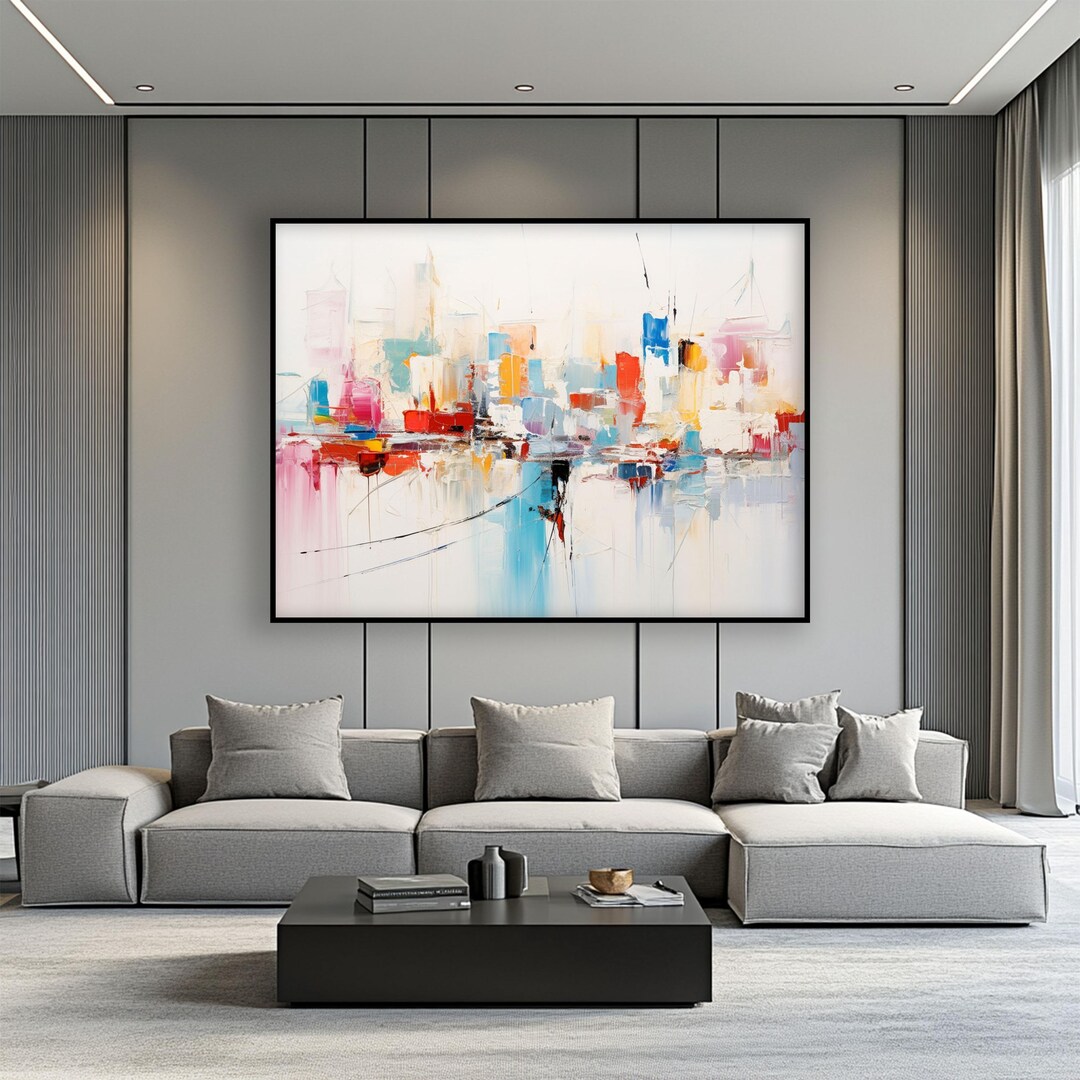 Textured Abstract Colorful Cityscape Skyline Oil Painting, Modern Wall ...