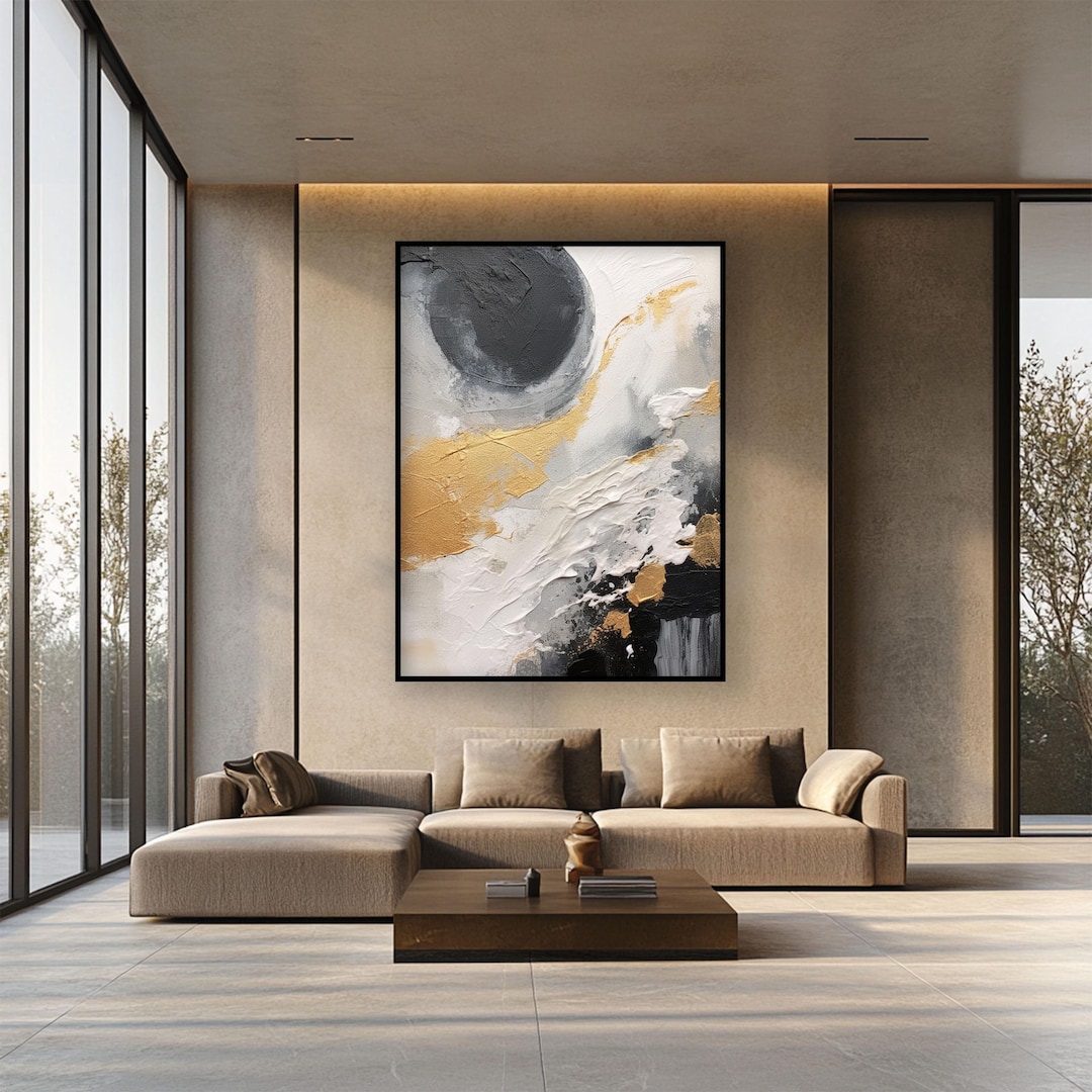 Textured Abstract Oil Painting: Beige, Black, and Gold Wall Art - Etsy