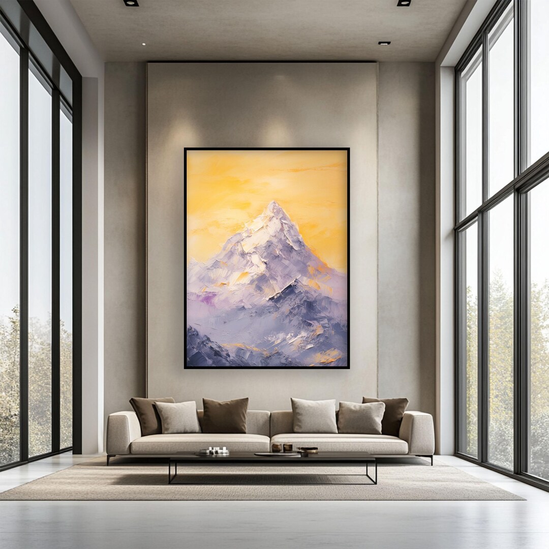 Textured Mountainscape Oil Painting, Purple Mountains and Yellow Sky ...