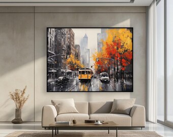 Autumn Cityscape Oil Painting: Textured Abstract Wall Art