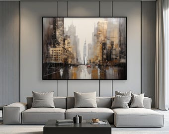 Pintura al óleo texturizada de la ciudad de Nueva York, arte abstracto moderno del paisaje urbano