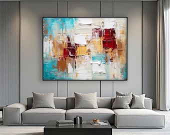 Textured Abstract Oil Painting: Turquoise and Red Modern Wall Art