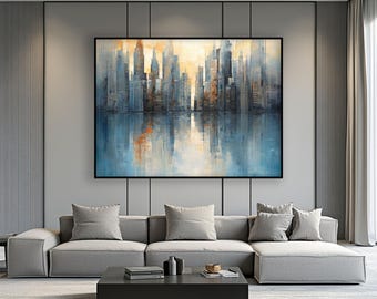 Pintura al óleo de paisaje urbano abstracto: arte mural texturizado en dorado, azul y gris