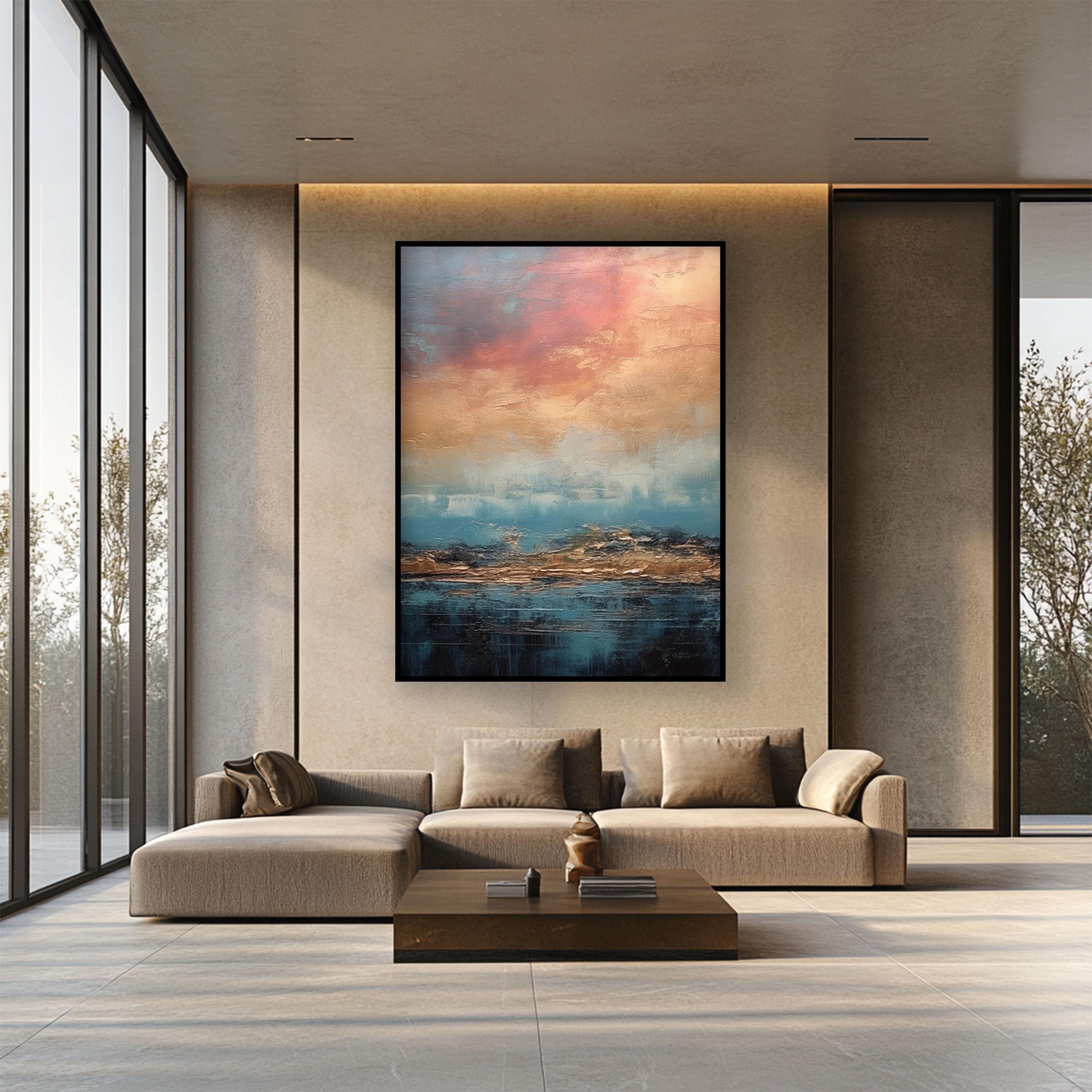 Rosa Himmel Trifft Blauen Und Braunen Grund, 100% Handgemachtes Ölgemälde, Strukturierte Abstrakte Kunst, Original Wand, Modernes Ölgemälde für Wohnzimmer