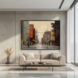Textured Cityscape Oil Painting: Orange Abstract Art, Modern Wall Decor