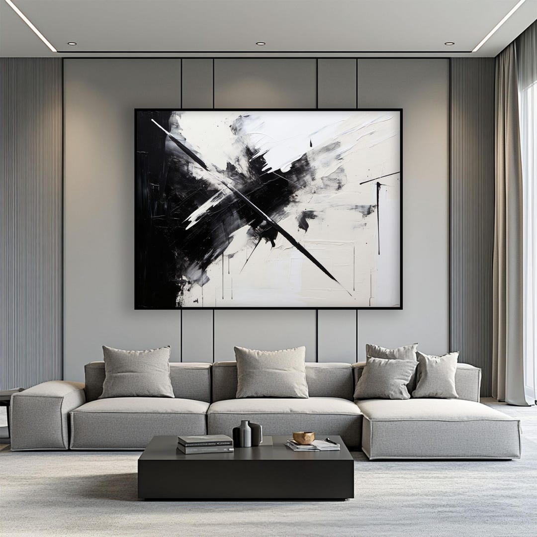 Black and White Abstract Oil Painting: Modern Minimalist Textured Wall ...