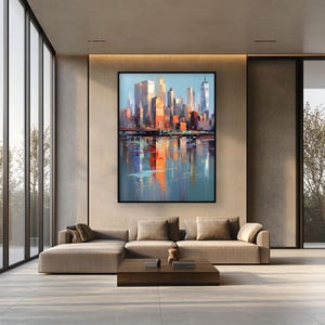 Abstract Cityscape Oil Painting: Tall Buildings, Sky Reflection, Textured Wall Art