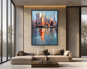 Pintura al óleo de paisaje urbano abstracto: edificios altos, reflejo del cielo, arte mural texturizado