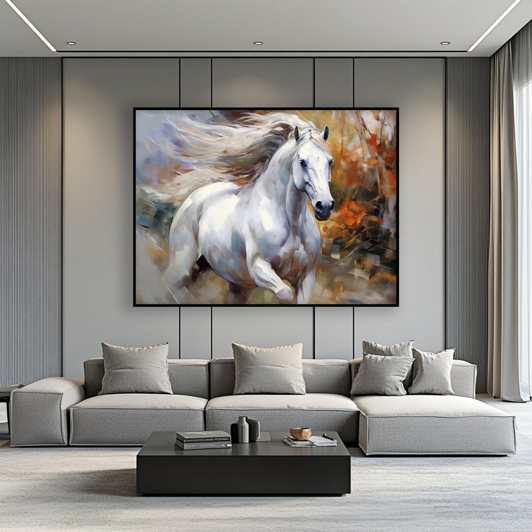 Running White Horse Oil Painting: Textured Abstract Art on Canvas - Etsy